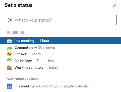 Setting up a status in Slack.