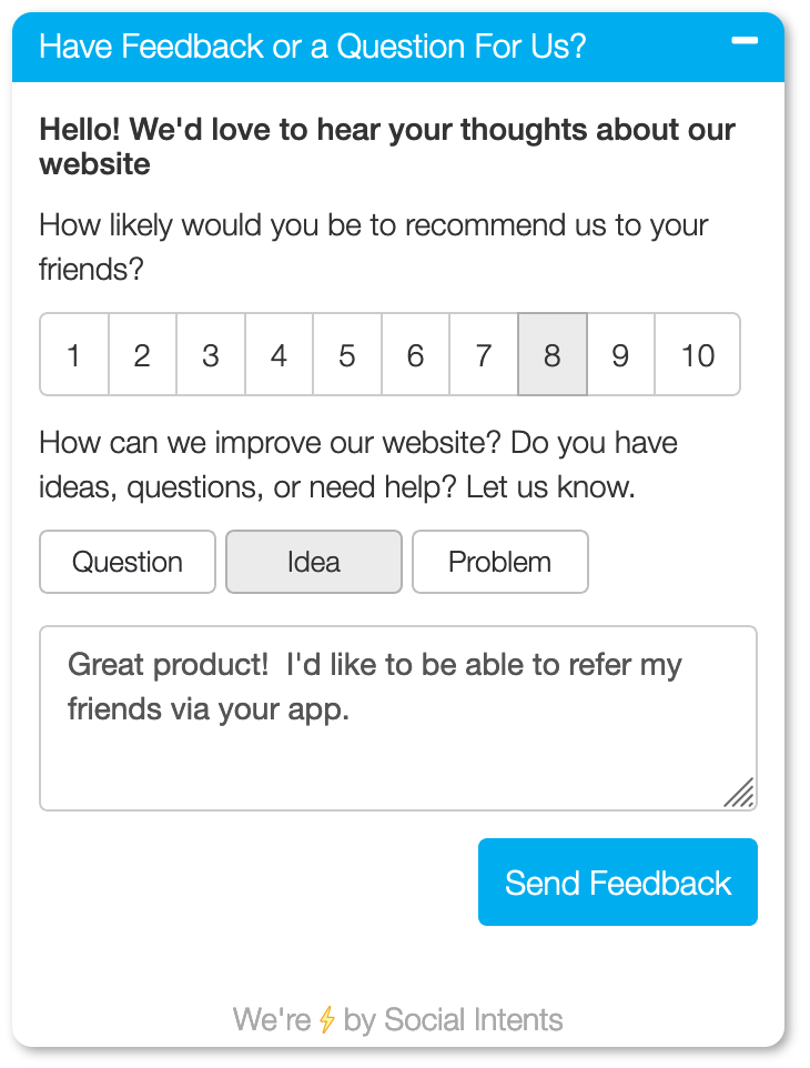 Feedback form powered by Social Intents