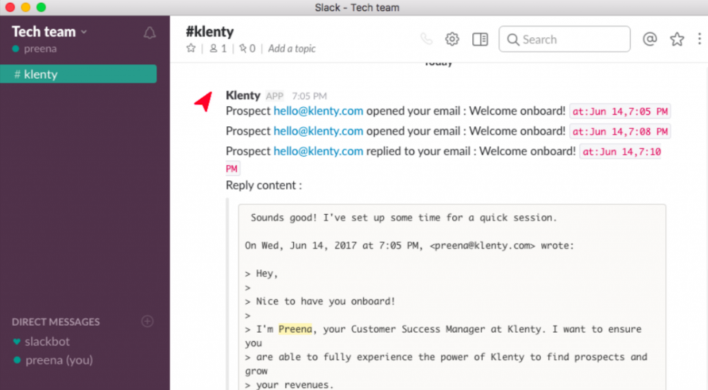 Klenty Slack app for sales