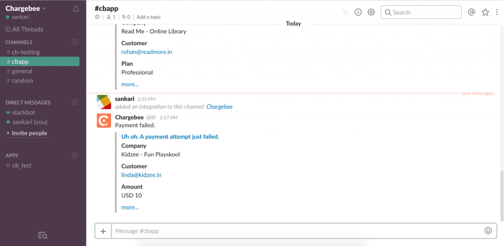 Chargebee Slack integration