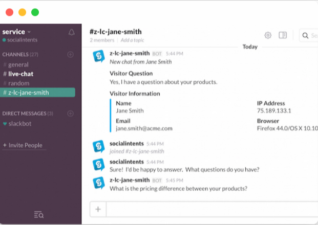 Slack live chat example.