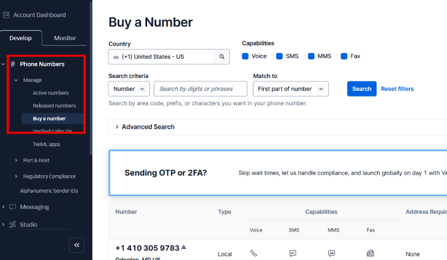Buy a phone number on Twilio