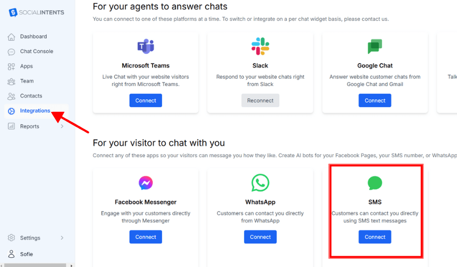 Connect your chatbot platform to SMS within Social Intents