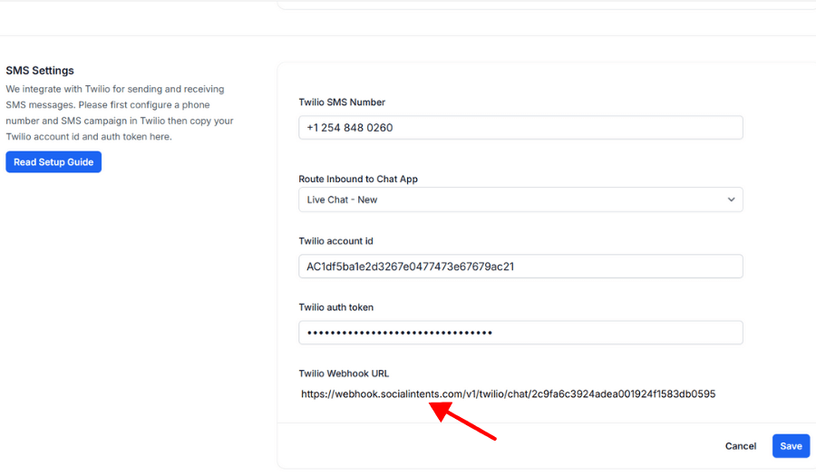Social Intents creates a Twilio Webhook URL 