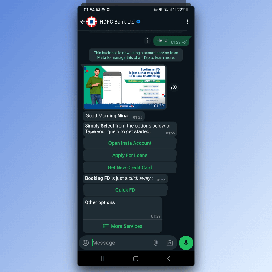 HDFC whatsapp chatbot example