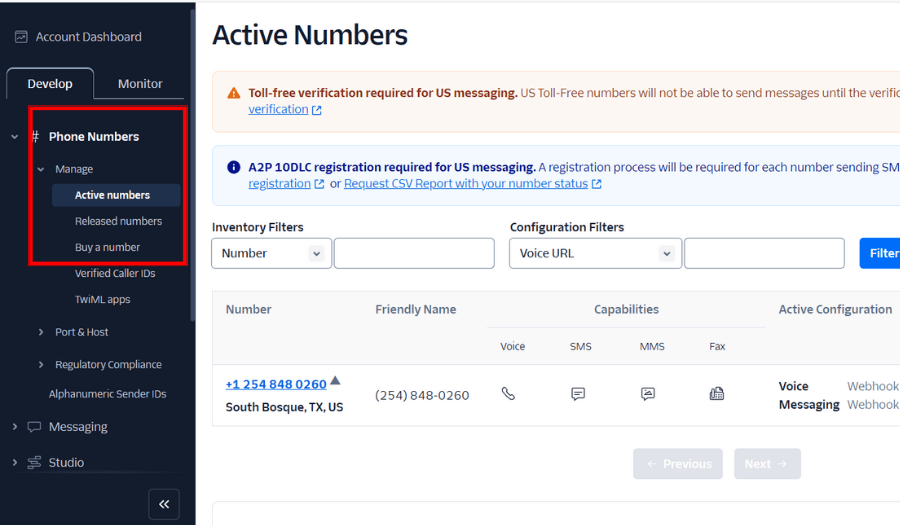 Find your active number on Twilio