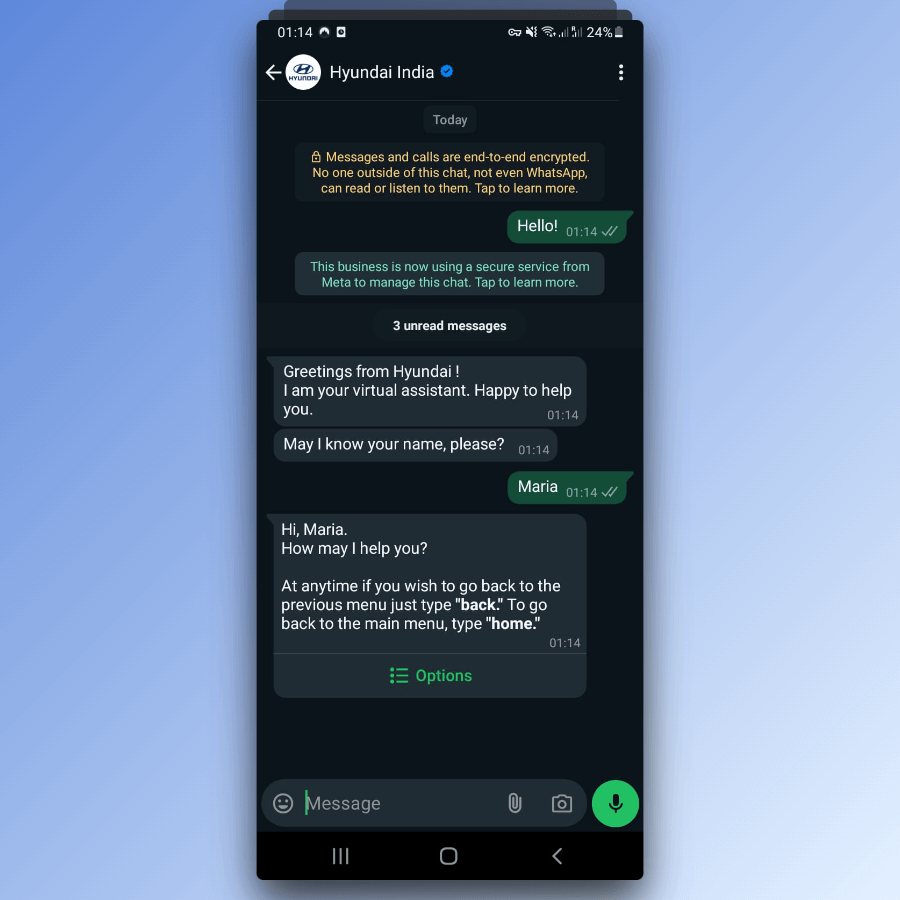 Hyundai India whatsapp chatbot example